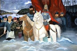 Торопкова Ева, 13 лет, «Русские воины», б., гуашь, преп. Заремба Л.А.