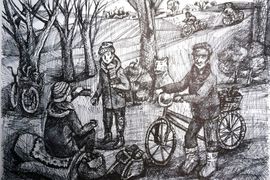 Степанова Ангелина, 13 лет, «Поездка за грибами», б., маркер, преп. Шмидт Е.А.