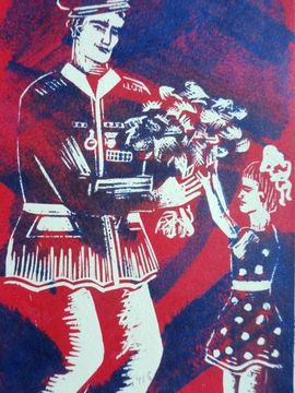 Сержант Ксения, 16 лет, С праздником, ветераны!, линогравюра, ДХШ №2,  г. Северодвинск, Архангельская обл.