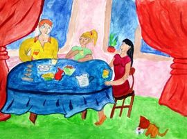 Гагина Василина, 9 лет. Семейный завтрак. Гуашь. Нижегородская обл., п.Пильна