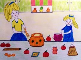 Новицкая Дарья, 9 лет. С мамой мы пирог печём, дружно песенку поём! Фломастеры. Нижегородская обл., п. Пильна