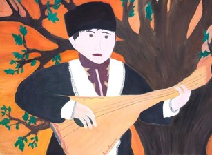 Ошурков Алтан, 14 лет, Домбрист и закат, б., гуашь, ДХШ им. Г.О. Рокчинского, г. Элиста, респ. Калмыкия