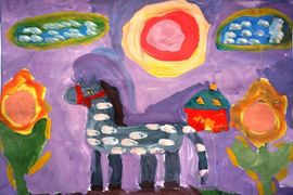 Яковлева Анастасия, 7 лет, Конь в яблоках и подсолнухи, б.,гуашь, СДШИ, Серафимович